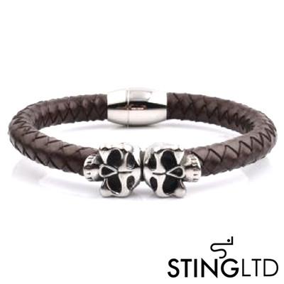 Brown Plaited Skull Stainless Steel Leather Bracelet