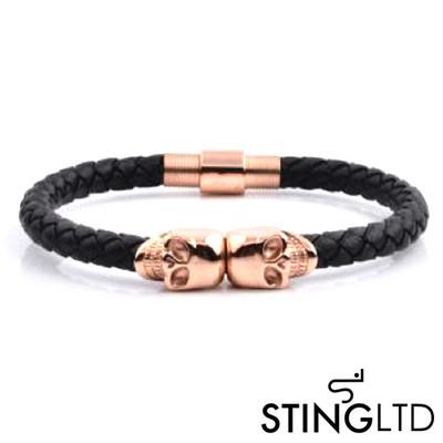 Black Plaited Rose Gold Plated Skull Stainless Steel Leather Bracelet