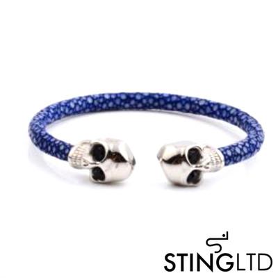 Navy Thin Stingray Leather Skull Stainless Steel Bracelet