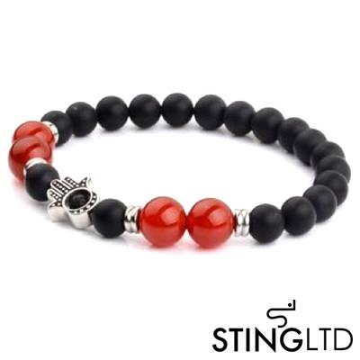 Matt Onyx and Coral Bamboo Hamsa Hand  Stainless Steel Charm Beaded Bracelet